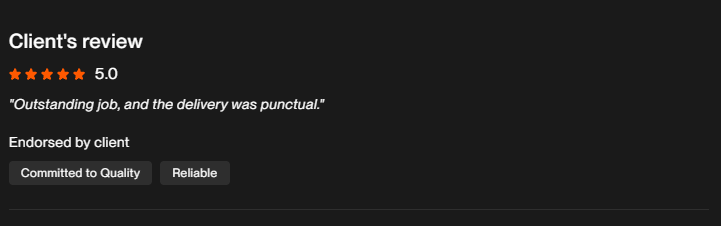 5.0 client review: Outstanding job, and the delivery was punctual.
