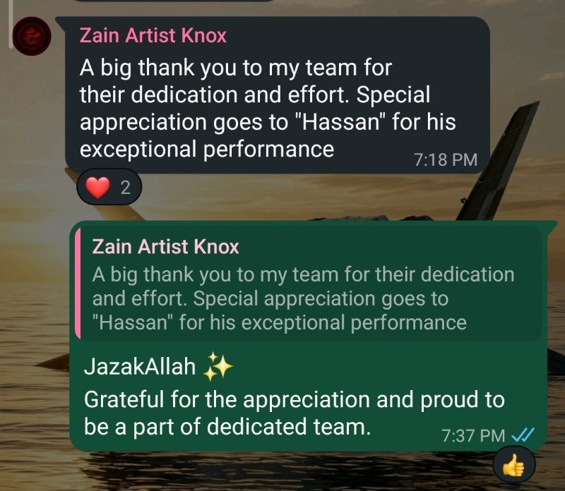 Message from Knox Solar thanking the team and giving special appreciation to Hasan for exceptional performance.