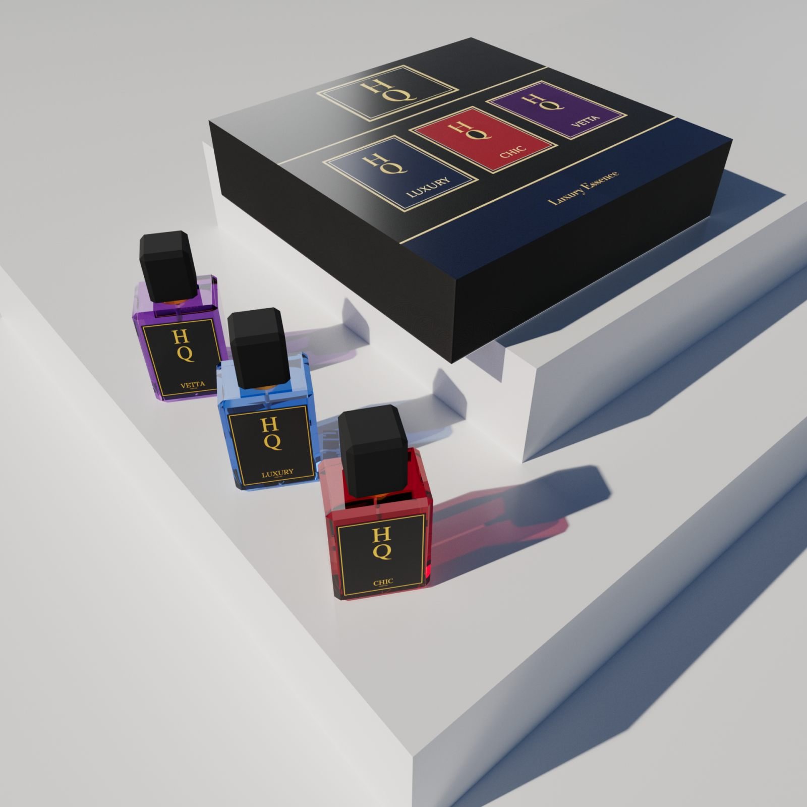 HQ Perfume three-bottle set with outer box, photoreal 3D render